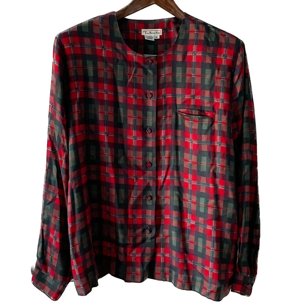 Vintage Talbots perfect plaid collarless button-down blouse size large L